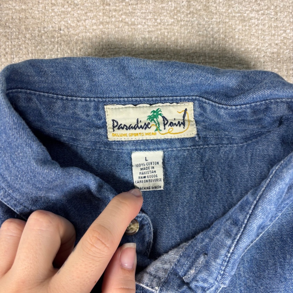 Denim Shirt Mens Large Blue Long Sleeve San Francisco USA Embroidery 90s Relaxed - Picture 6 of 7